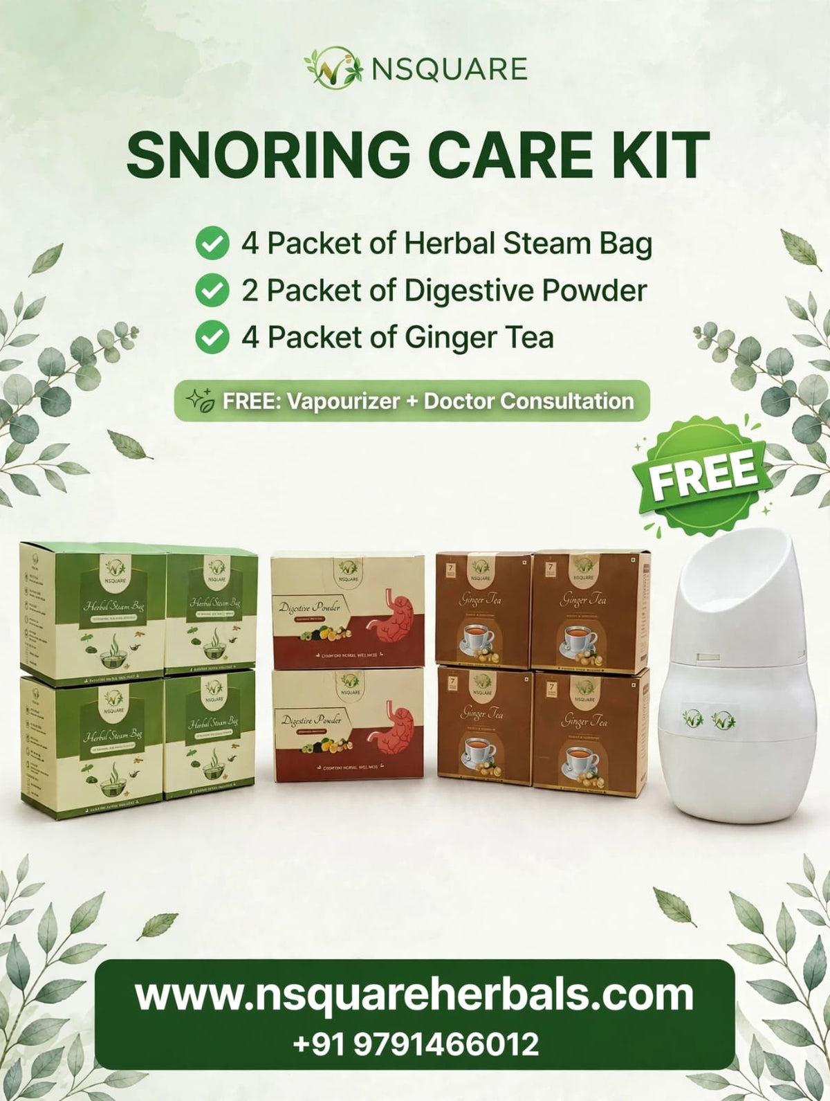 Snoring Care Kit – Herbal Steam Bag, Digestive Powder & Ginger Tea